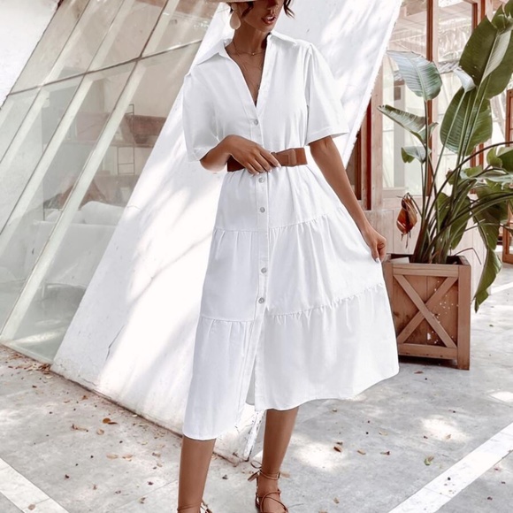 Boho White Button up Ruffle Short Sleeve Dress - Picture 2 of 7